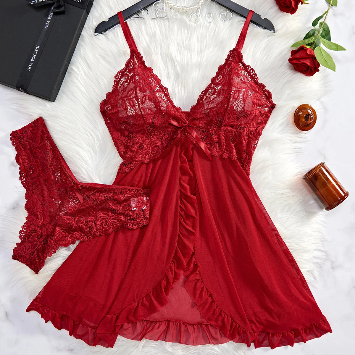 Conjunto de Lingerie em Renda Vermelha